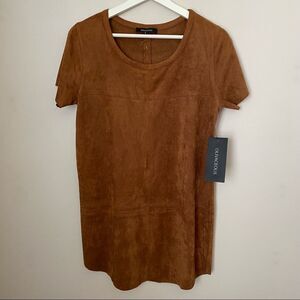 Olivaceous Dress Dark Camel Suede Mini Shift Casual Neutral Soft Short Sleeve